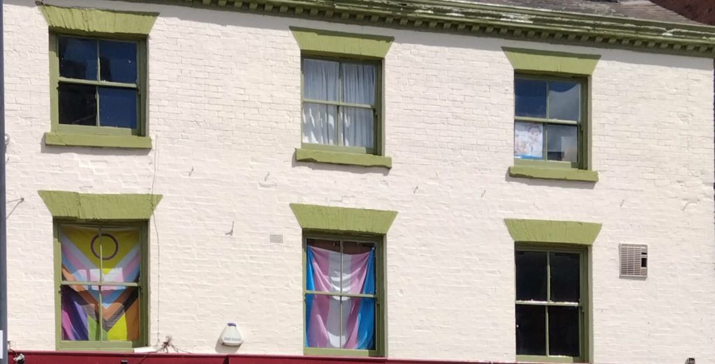 windows with trans flags and pride progress flags